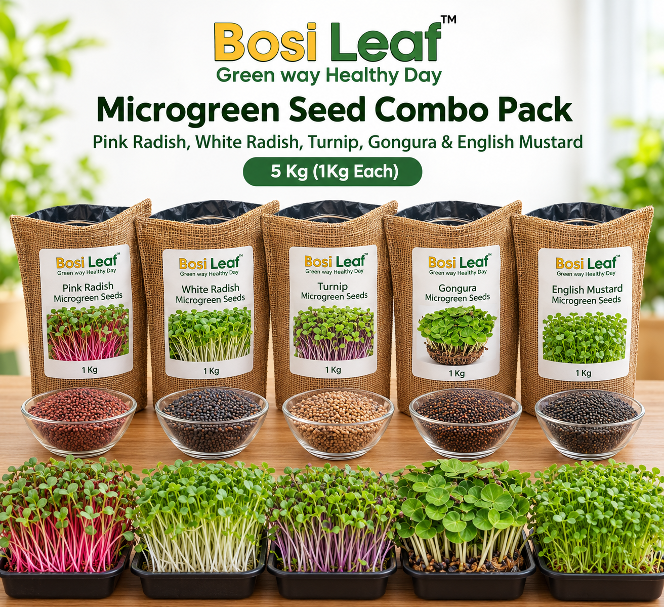Microgreen Seed Combo Pack – Pink Radish, White Radish, Turnip, Gongura & English Mustard | 5 Kg (1Kg Each)