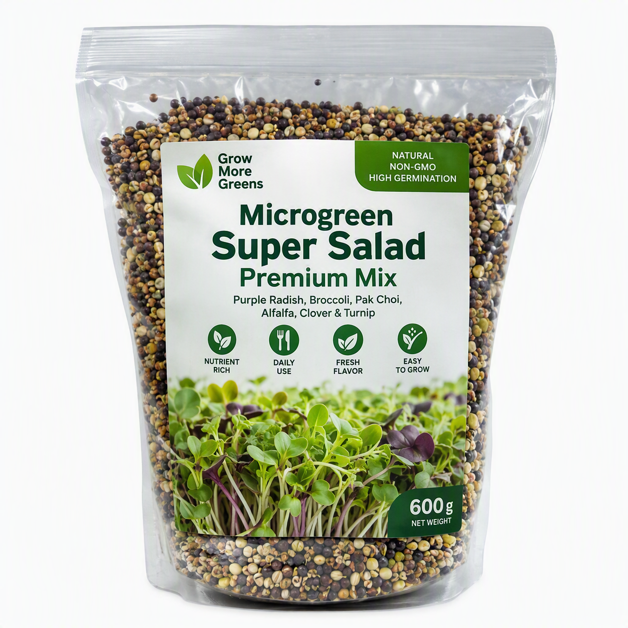 Microgreen Super Salad Premium Mix – 600 g (Purple Radish, Broccoli, Pak Choi, Alfalfa, Clover & Turnip) | Daily Use Nutrient‑Rich Seeds